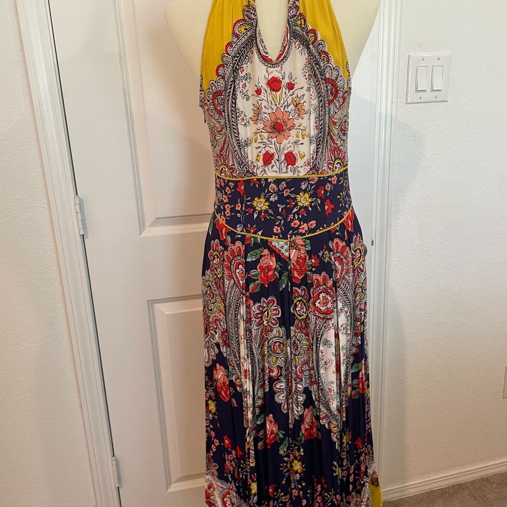 Maeve Anthropologie Blue and yellow Pleated Halter Sundress - Picture 5 of 6
